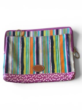 Fossil Multicolor Striped Canvas Pouch with Purple Bird Trim